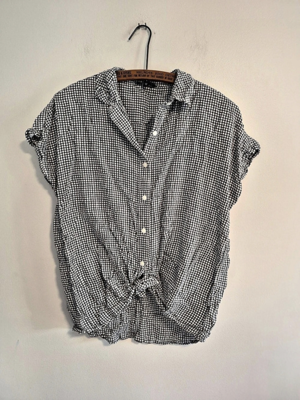George Xs Black & White Checkered Button Down Tie Hem Short Sleeve Top